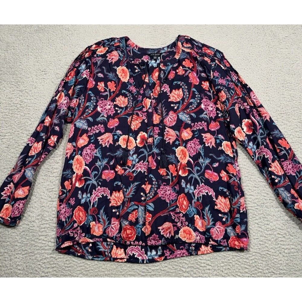 Lucky Brand Womens Blouse XL Dark Blue Red Pink Floral Long Sleeve Tie‎ Front
